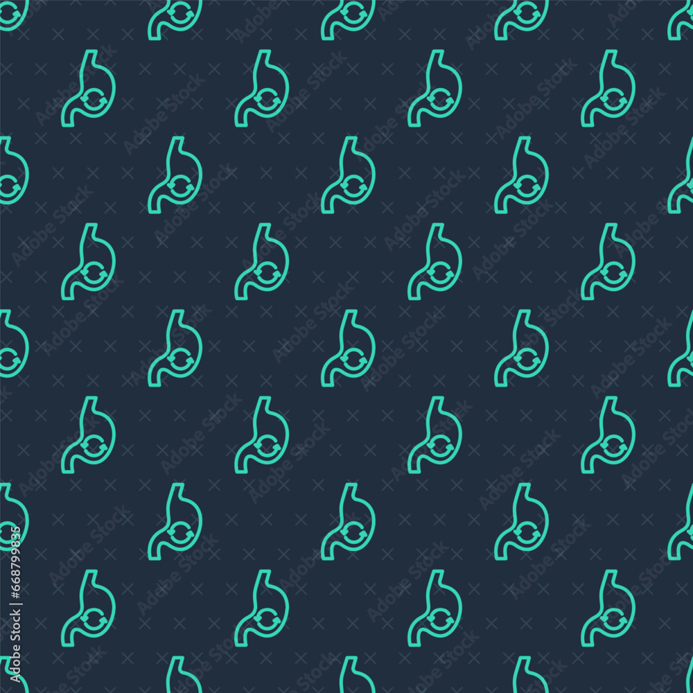 Green line Human stomach health icon isolated seamless pattern on blue background. Vector