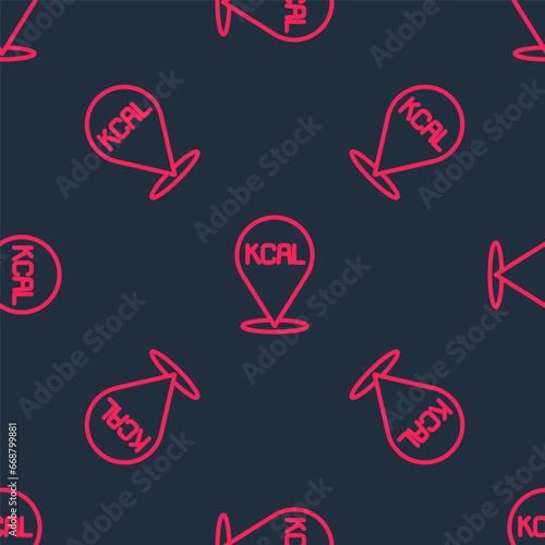 Red line Kcal icon isolated on isolated seamless pattern on black background. Health food. Vector