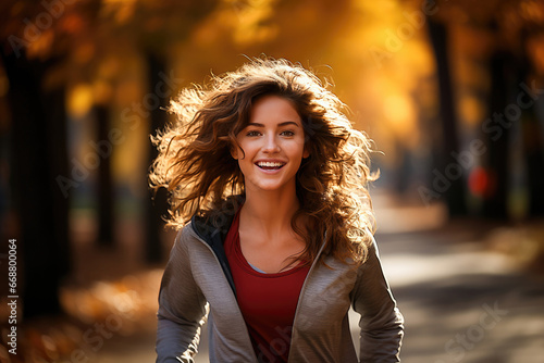 Energetic young woman joyfully playing with her windswept hair in a sunlit autumnal park. © apratim