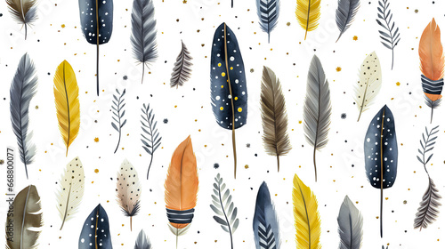 Seamless pattern with watercolor striped and polka dots feathers. Feather of a pheasant, owl and other birds on white background © Classic
