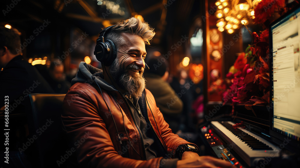 Smiling musician with headphones working on electronic keyboard in a cozy urban cafe setting, surrounded by ambient lighting. Smiling musician with headphones working on electronic keyboard in a cozy urban cafe setting, surrounded by ambient lighting.