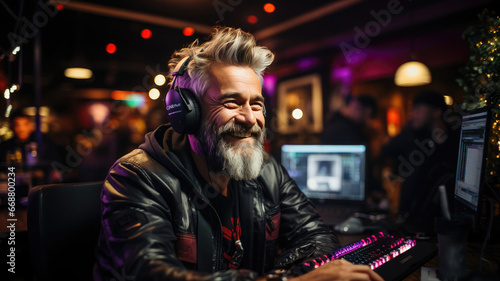 Joyful music producer with headphones in a vibrant nightclub setting, working on sound mixer and computer.