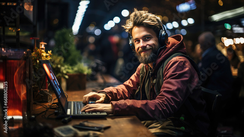 Bearded freelancer working on a laptop at an outdoor cafe during the evening, surrounded by city lights.