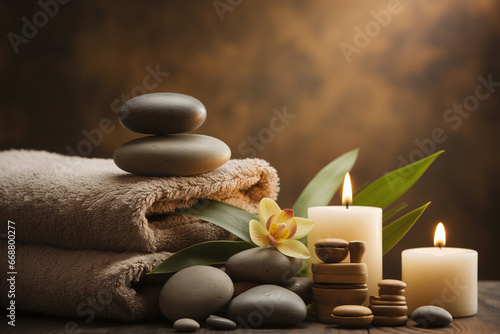 Tranquil Spa Ambience with Towels  Candles  Lotus Flowers  and Beach Stones