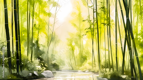 watercolor style nature in the bamboo forest area