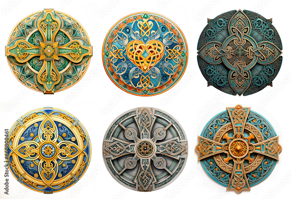 Set of 6 round, colorful, and detailed Celtic knot cross and heart mandalas. Isolated on white background.
. Set of 6 round, colorful, and detailed Celtic knot cross and heart mandalas. Isolated on white background.
.