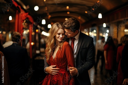 young wedding couple hugging on the avenue, valentine's day