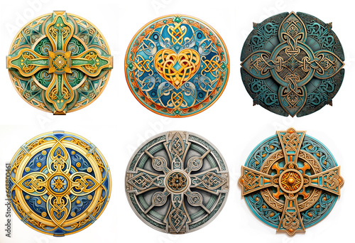 Set of 6 round  colorful  and detailed Celtic knot cross and heart mandalas. Isolated on white background. .