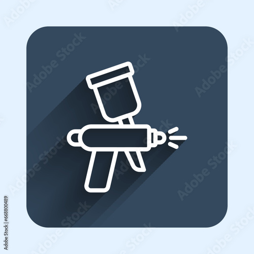 White line Paint spray gun icon isolated with long shadow background. Blue square button. Vector