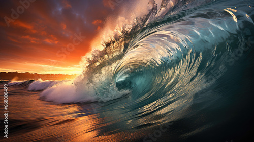 Breathtaking ocean wave set against a fiery sunset, showcasing nature's raw beauty and power.