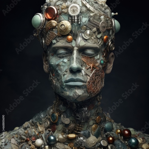 fashion man with makeup made of colored stones and tiles