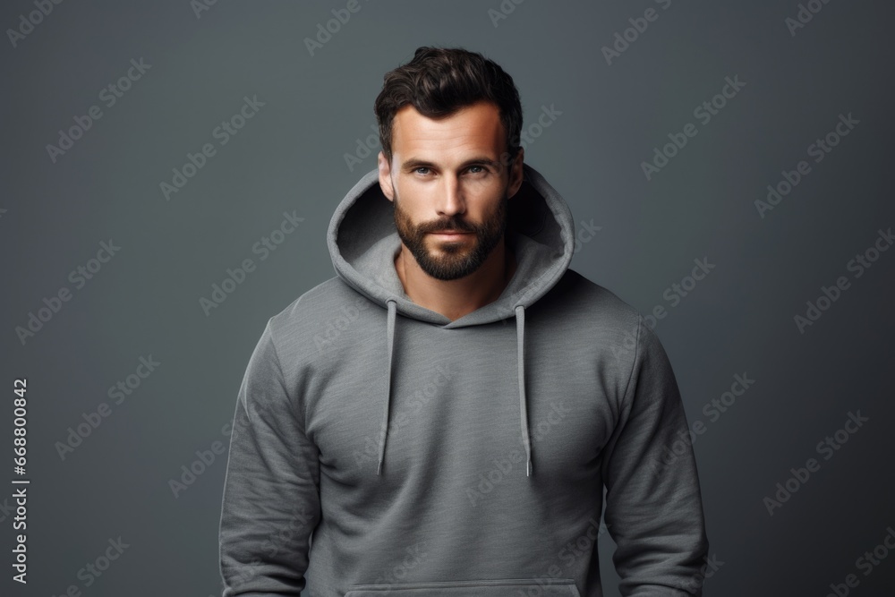 Photo of a handsome man in a warm hooded sweatshirt on a plain background