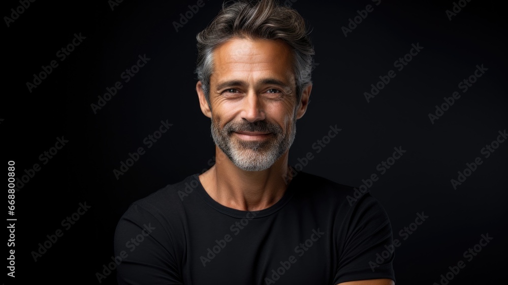 Photo of a handsome middle-aged man in dark clothes on a dark background Photo of a handsome middle-aged man in dark clothes on a dark background