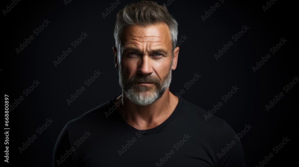 Photo of a handsome middle-aged man in dark clothes on a dark background Photo of a handsome middle-aged man in dark clothes on a dark background
