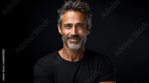 Photo of a handsome middle-aged man in dark clothes on a dark background