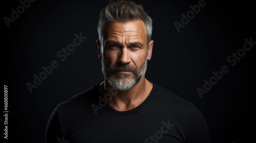 Photo of a handsome middle-aged man in dark clothes on a dark background © koplesya