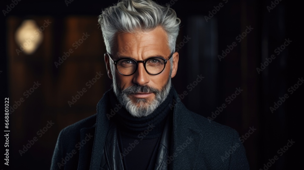 Photo of a handsome middle-aged man in stylish clothes and fashionable glasses. Photo of a handsome middle-aged man in stylish clothes and fashionable glasses.