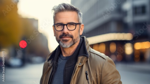Photo of a handsome middle-aged man in stylish clothes and fashionable glasses.
