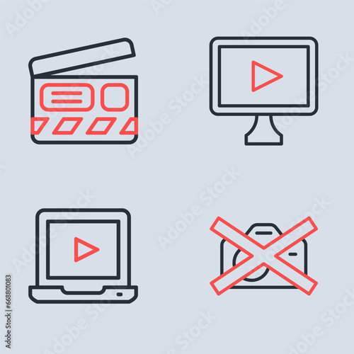 Set line Online play video, Prohibition no recording and Movie clapper icon. Vector