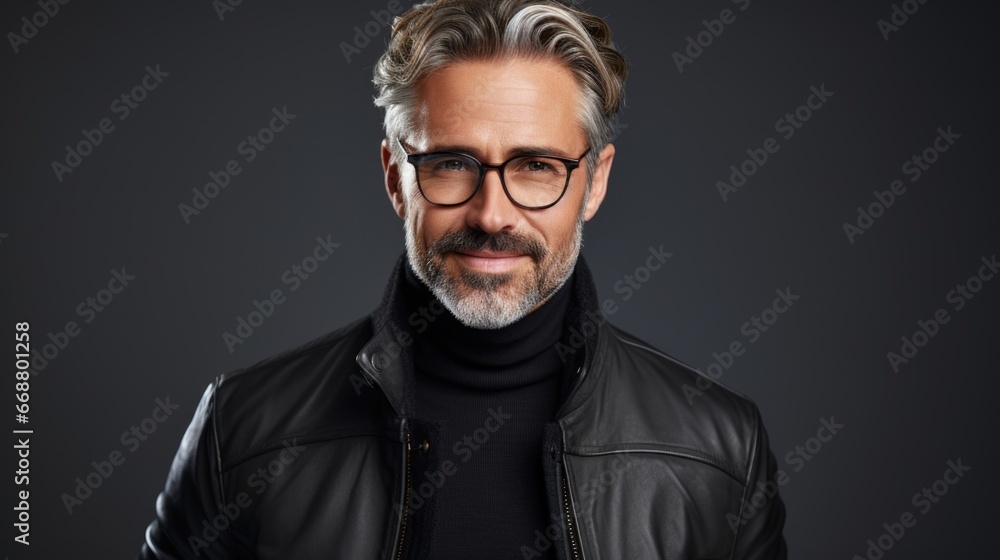Obraz premium Photo of a handsome middle-aged man in stylish clothes and fashionable glasses.