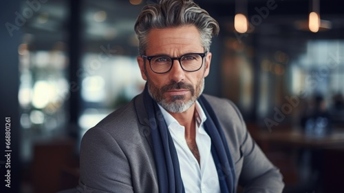 Photo of a handsome middle-aged man in stylish clothes and fashionable glasses.