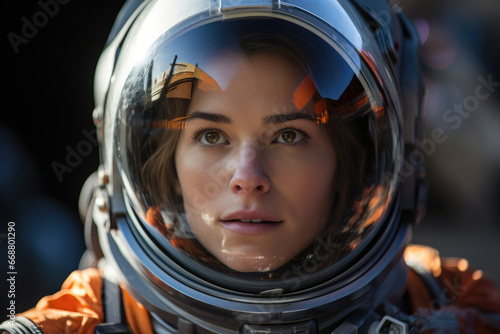 Confident Female Astronaut in Space Suit
