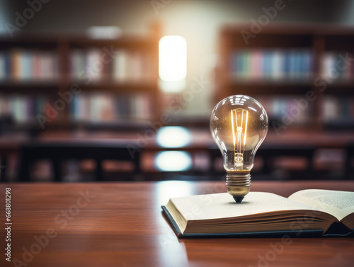 A bulb on an opened book, set against a classroom background. The learning and creativity, making it perfect for educational and scholarly projects.