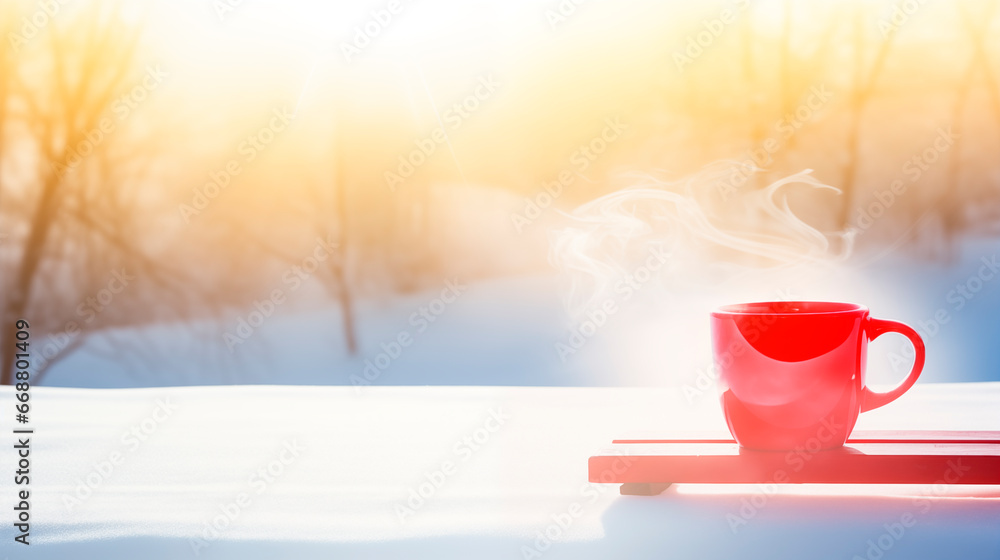 A cup of coffee or tea on a wooden tray on a sunny winter day. A fragrant, invigorating, hot drink. A cup against the backdrop of blurred nature. Morning coffee. Place for text A cup of coffee or tea on a wooden tray on a sunny winter day. A fragrant, invigorating, hot drink. A cup against the backdrop of blurred nature. Morning coffee. Place for text