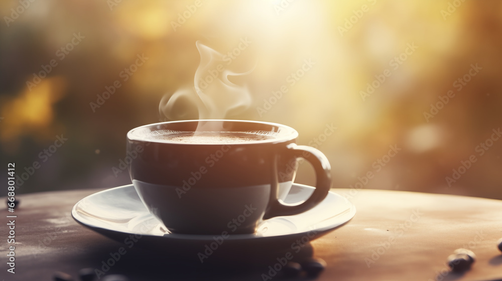 Cup of coffee on a wooden table on a sunny autumn day. A fragrant, invigorating, hot drink. A cup on a saucer against a background of blurred nature. Morning coffee