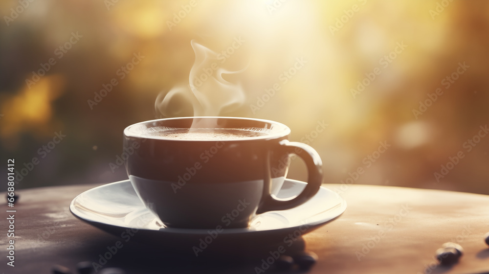 Cup of coffee on a wooden table on a sunny autumn day. A fragrant, invigorating, hot drink. A cup on a saucer against a background of blurred nature. Morning coffee Cup of coffee on a wooden table on a sunny autumn day. A fragrant, invigorating, hot drink. A cup on a saucer against a background of blurred nature. Morning coffee