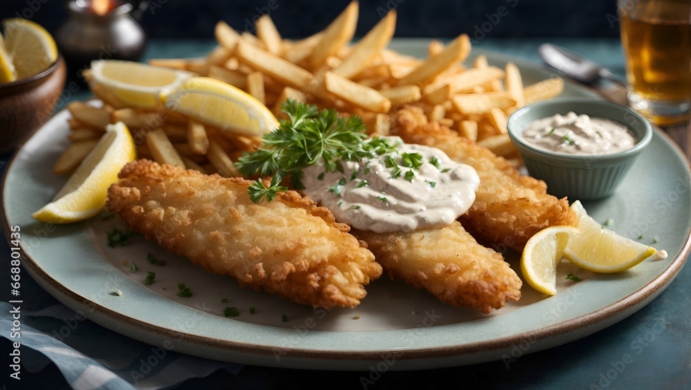 A classic plate of fish and chips featuring crispy battered fish fillets golden fries. AI generated