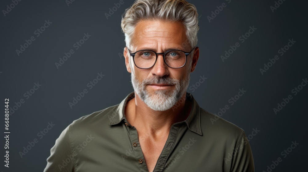 Photo of a handsome middle-aged man in stylish clothes and fashionable glasses. Photo of a handsome middle-aged man in stylish clothes and fashionable glasses.