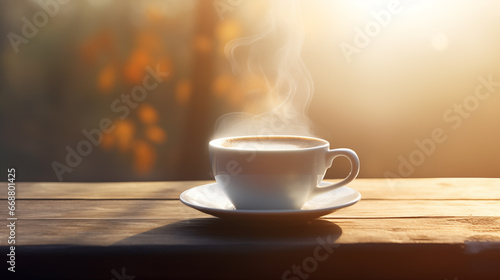 Cup of coffee on a wooden table on a sunny autumn day. A fragrant  invigorating  hot drink. A cup on a saucer against a background of blurred nature. Morning coffee
