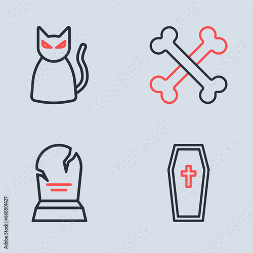 Set line Crossed bones, Tombstone with RIP written, Coffin christian cross and Black cat icon. Vector