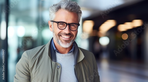 Photo of a handsome middle-aged man in stylish clothes and fashionable glasses.
