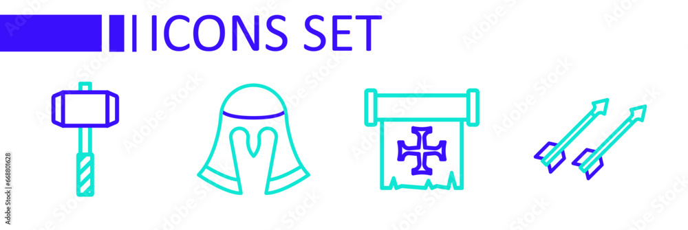 Set line Medieval arrows, Crusade, helmet and Battle hammer icon. Vector Set line Medieval arrows, Crusade, helmet and Battle hammer icon. Vector
