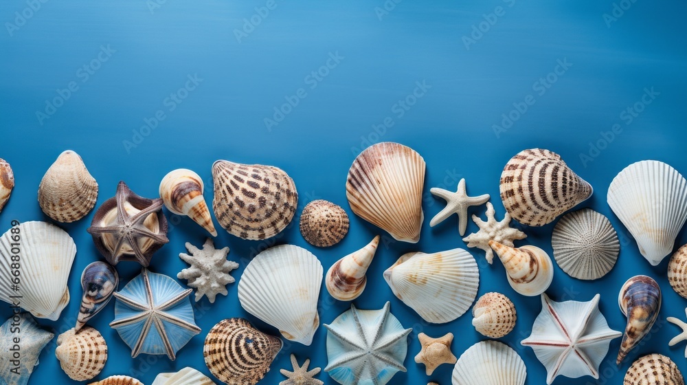seashells on a blue background.