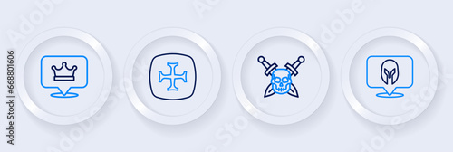 Set line Medieval helmet, Skull with sword, Crusade and King crown icon. Vector