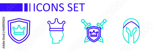 Set line Medieval helmet, Shield with swords, King crown and icon. Vector