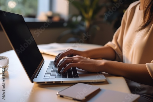 E-learning as a female student studies online from home, typing on her laptop. Education and remote study sessions, perfect for educational and remote work projects. photo
