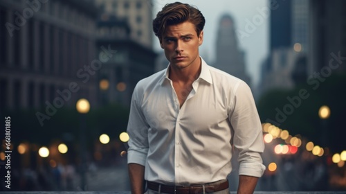Photo of a handsome man in a stylish white classic shirt against the backdrop of the city. Style and fashion concept.