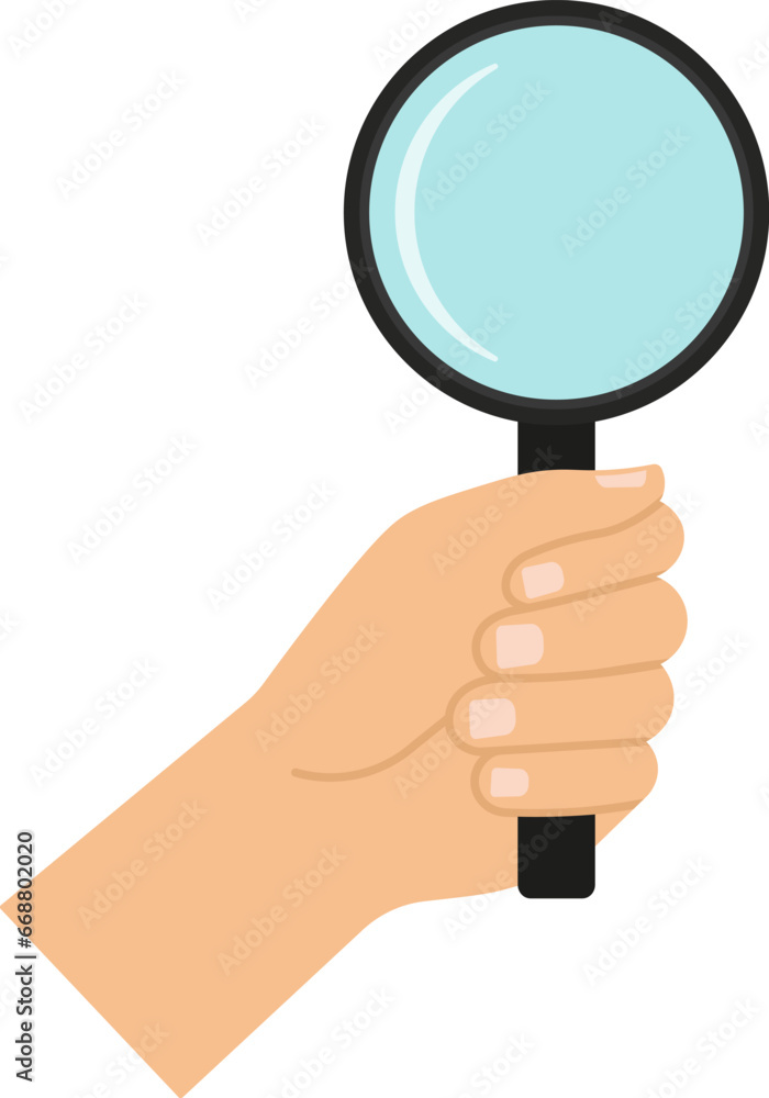 Illustration of hand holding magnifying glass in flat style. Illustration of hand holding magnifying glass in flat style.