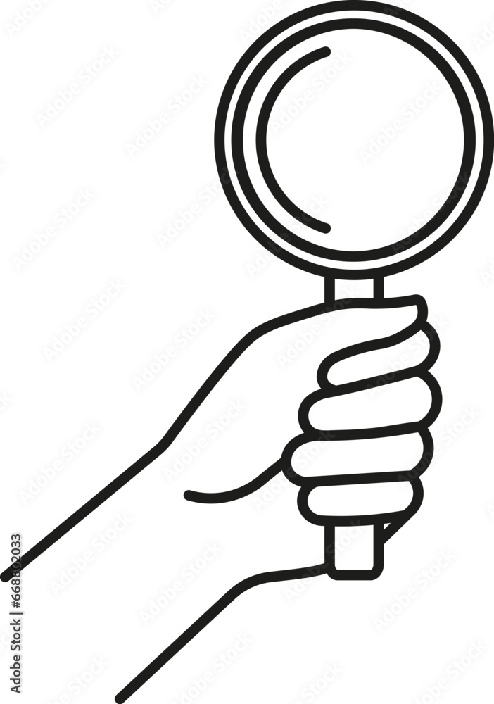 Hand holding magnifying glass icon. Vector. Line style. Hand holding magnifying glass icon. Vector. Line style.
