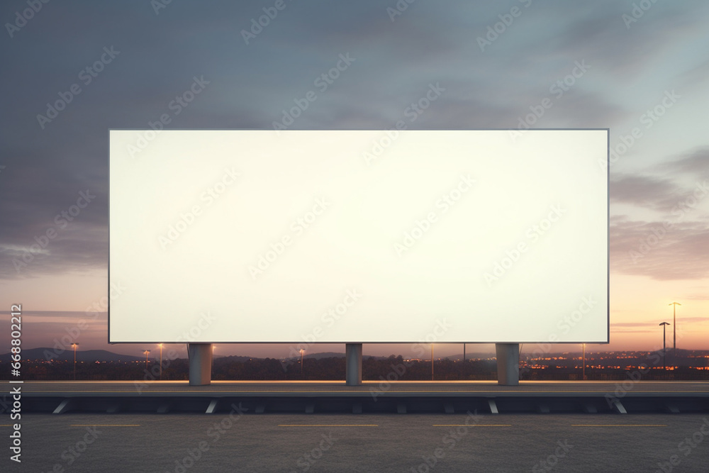 An empty billboard, against the background of a city at sunset
