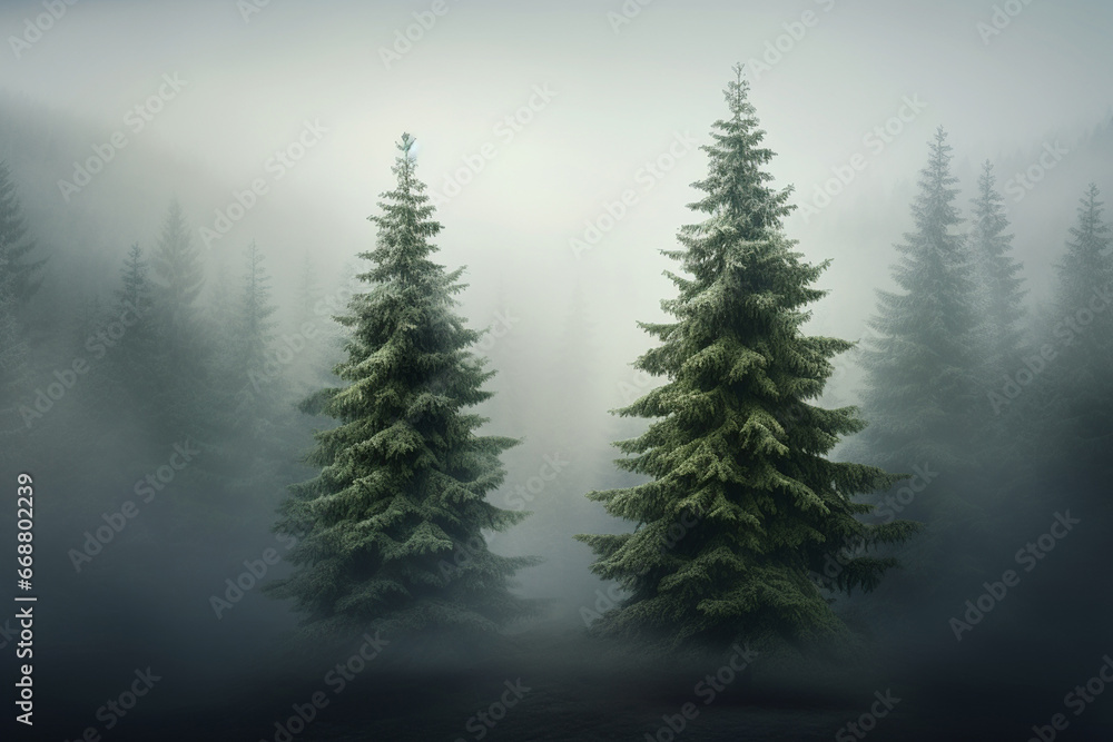 Two fir trees in a foggy forest - obrazy, fototapety, plakaty 