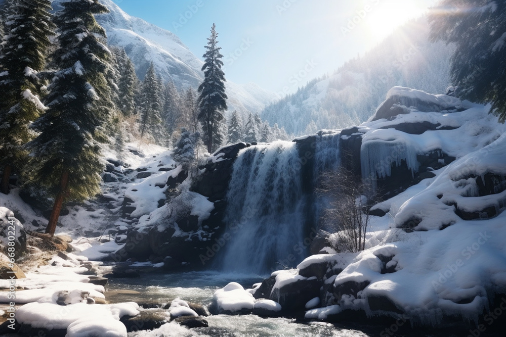 A waterfall in the mountains in winter - obrazy, fototapety, plakaty 