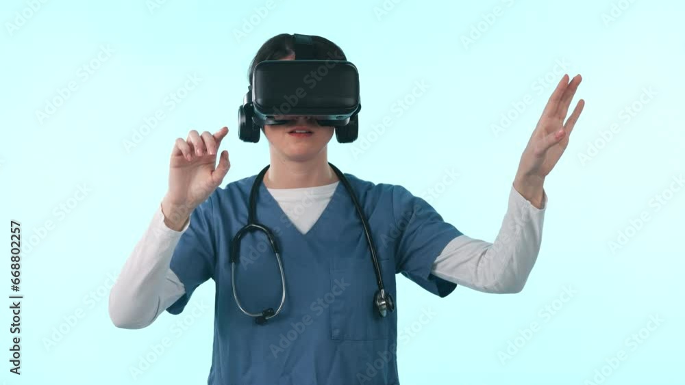 Woman, doctor and virtual reality glasses, future technology in healthcare and medicine with user experience in studio. Medical innovation, vr technology and nurse on blue background with ai software Woman, doctor and virtual reality glasses, future technology in healthcare and medicine with user experience in studio. Medical innovation, vr technology and nurse on blue background with ai software