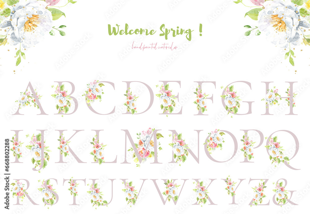 Watercolor blush dusty rose floral alphabet. Spring flowers letter monogram initials illustration. Botanical, rose peony bouquet, green, garden decor. Spring wedding stationery greeting card, rsvp	
