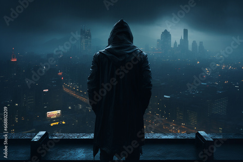 A man with a hoodie against the background of a city