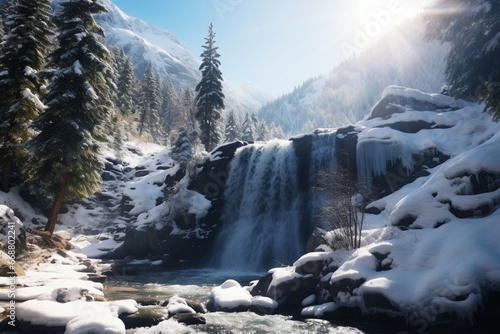 A waterfall in the mountains in winter